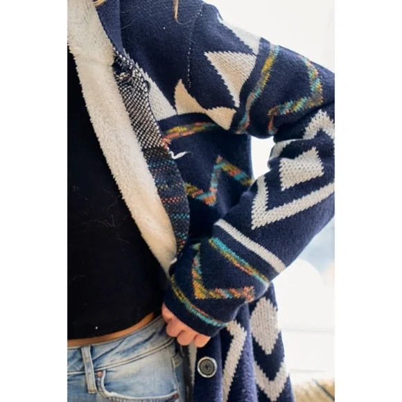 SOLD OUT Navy Rainbow Aztec Sherpa Lined Knit Button Hooded Cardigan Long Sleeve - Picture 6 of 7